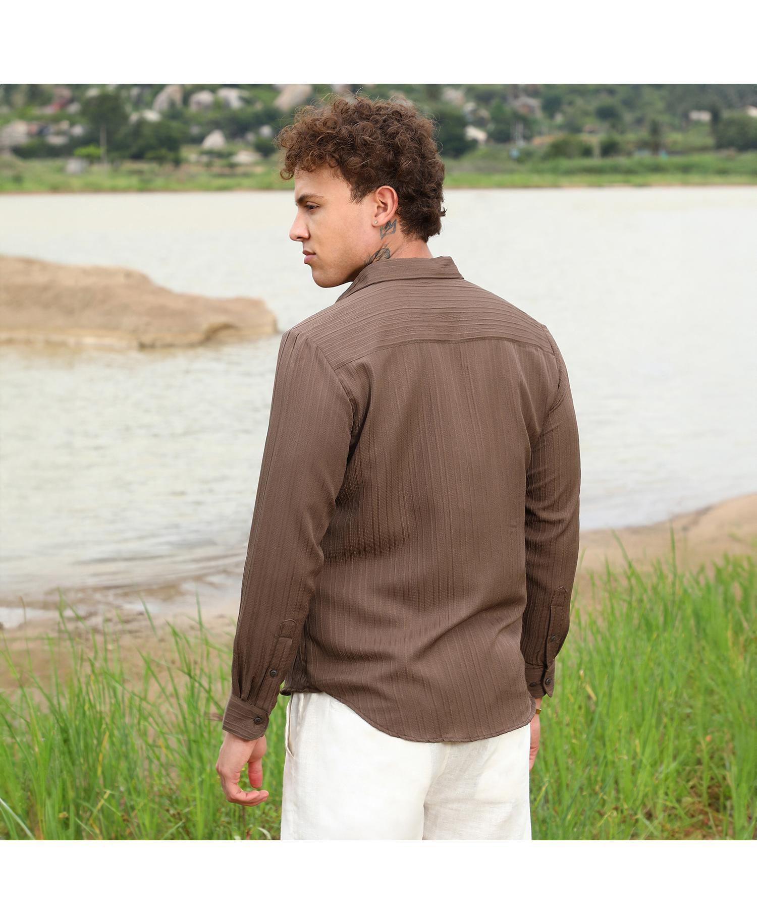 Men's Mocha Brown Self-Design Striped Shirt