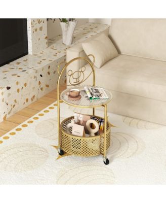 2-Tier Mobile Glass Coffee Table w/ Bear Pattern Storage Basket Transparent & Golden