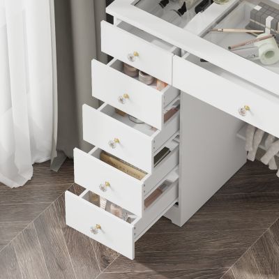 11-Drawer Vanity with 3 Color LED Mirror, Tempered Glass Countertop,Crystal Handle, Makeup Table,Chest