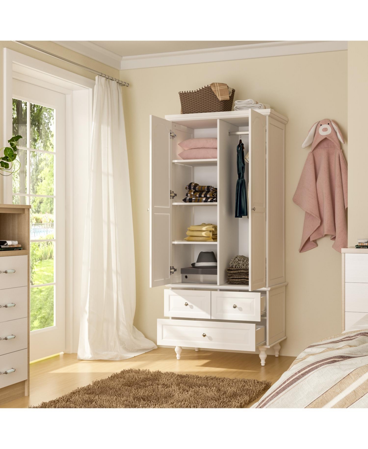 Famapy White Wood 2-Door Armoires with Hanging Rod,3-Drawers,Adjustable Shelves