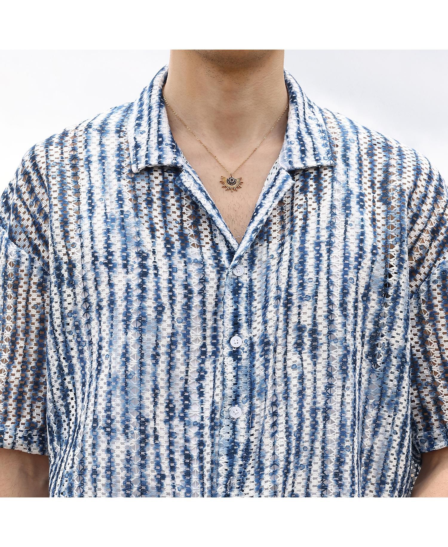 Men's Navy Blue & Ivory White Ombre-Striped Oversized Shirt