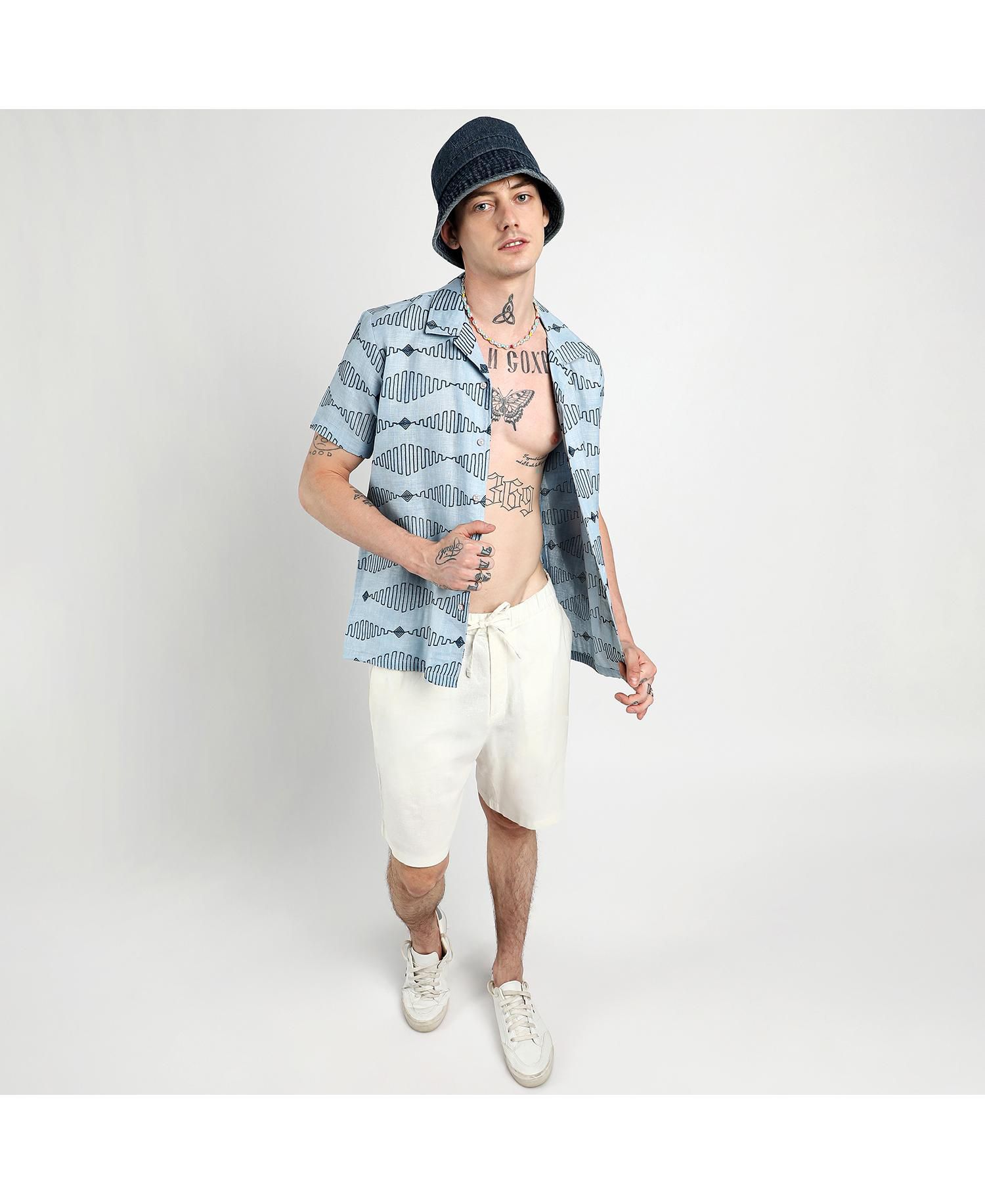 Men's Icy Blue Embroidered Geometric-Lined Shirt