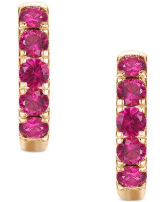 Lab Grown Ruby Five Stone Small Hoop Earrings (5/8 ct. t.w.) in 10k Gold, 0.5" (Also available in Citrine, Blue Topaz, Amethyst, Peridot, Sapphire, Emerald, White Sapphire, Garnet, and Aquamarine)