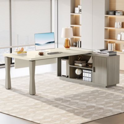 71-Inch Executive Desk, L-Shaped Desk with Cabinet, Large Office Desk with Storage Shelves, Writing Table Desk Business Furniture Set