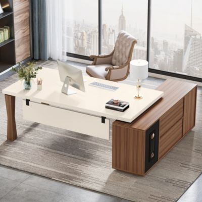 71-Inch Executive Desk, L-Shaped Desk with Cabinet, Large Office Desk with Storage Shelves, Writing Table Desk Business Furniture Set