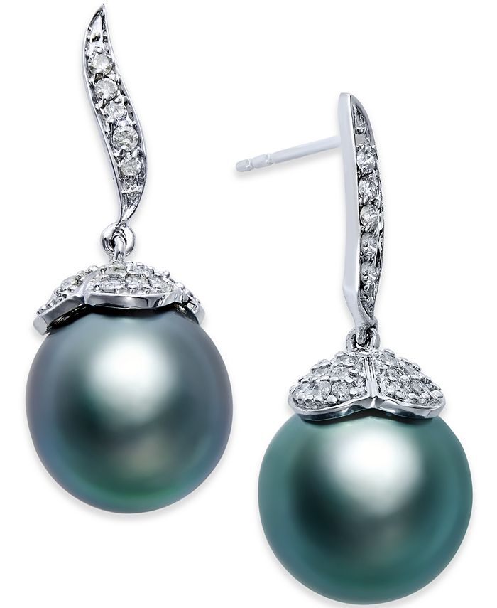 Macy s Black Tahitian Pearl 11mm and Diamond 3 8 ct. t.w. Stud