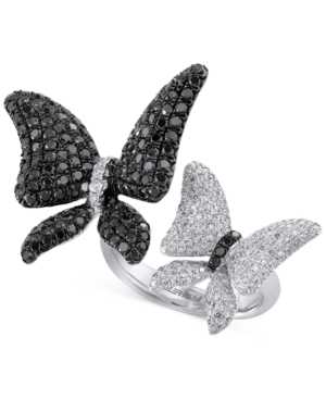 image of Effy Caviar Black and White Diamond (2-1/5 ct. t.w.) Butterfly Ring in 14k White Gold