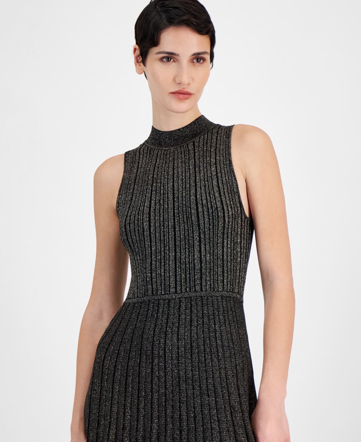 T Tahari Women's Metallic Mock-Neck Pleated Fit & Flare Dress -gold Lurex