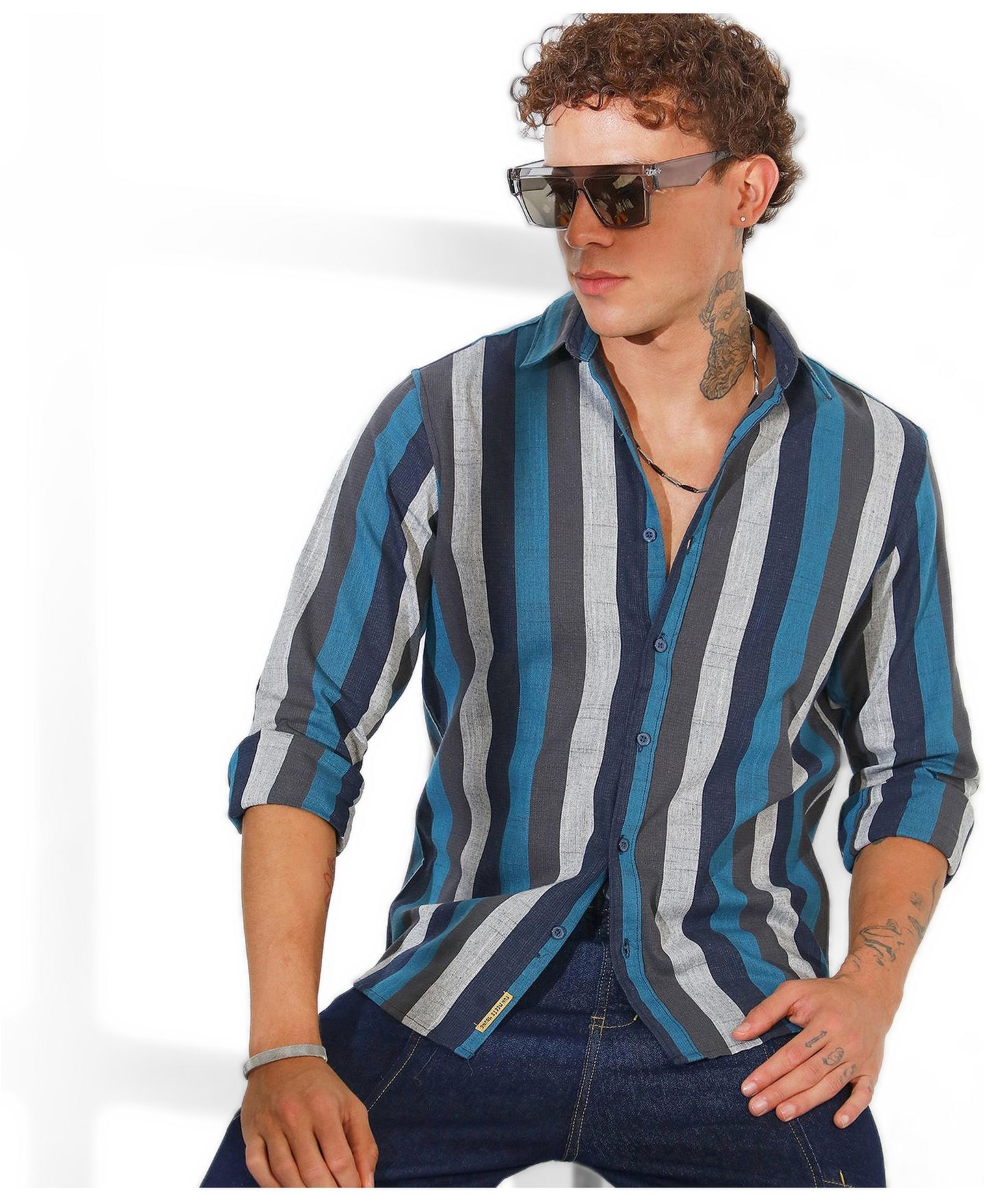 Мужская рубашка Cahoot Campus Sutra Navy Blue & Ash Grey Block-Striped, цвет: Синий — фото 6