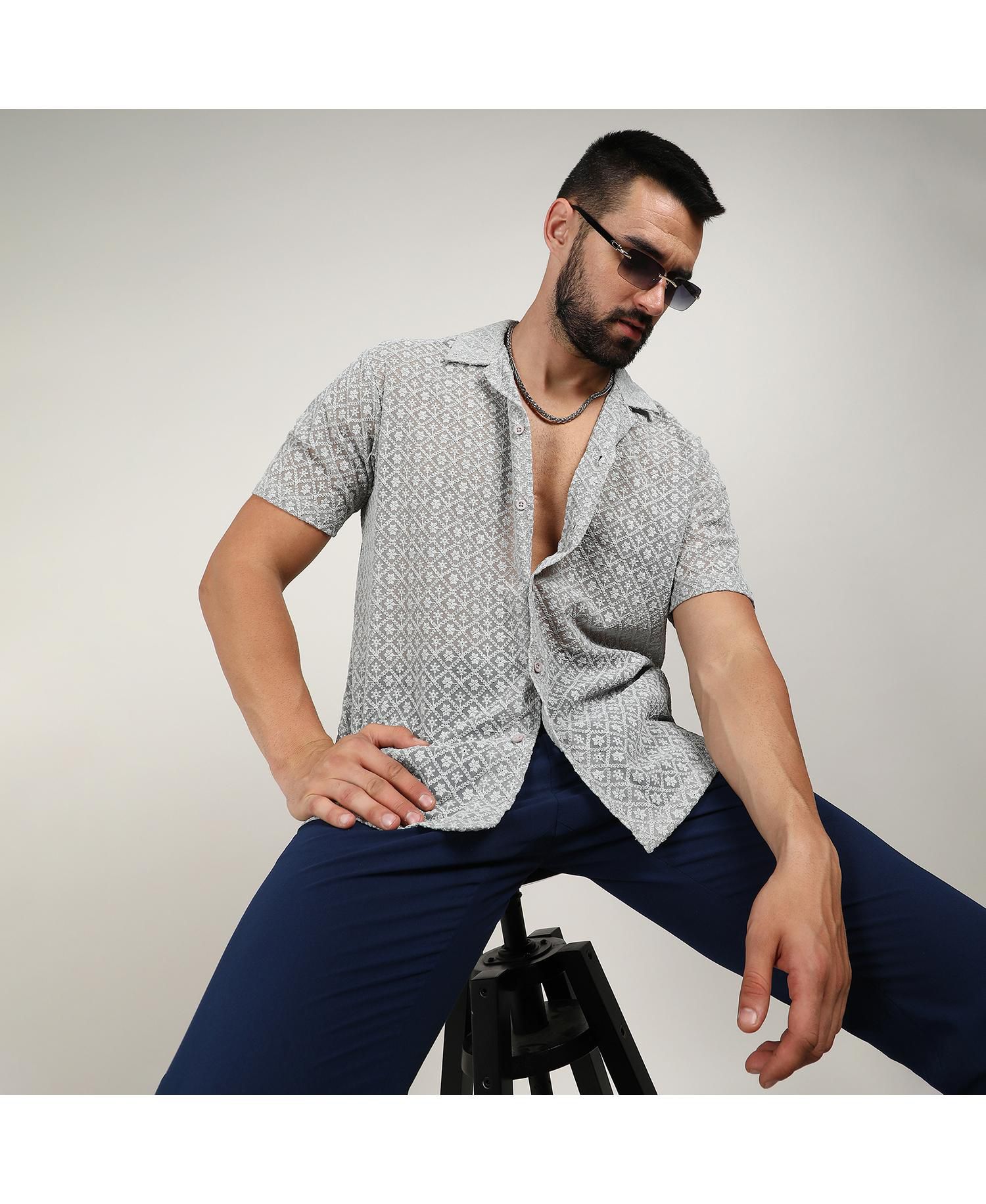 Men's Moon Grey Floral Embroidered Shirt
