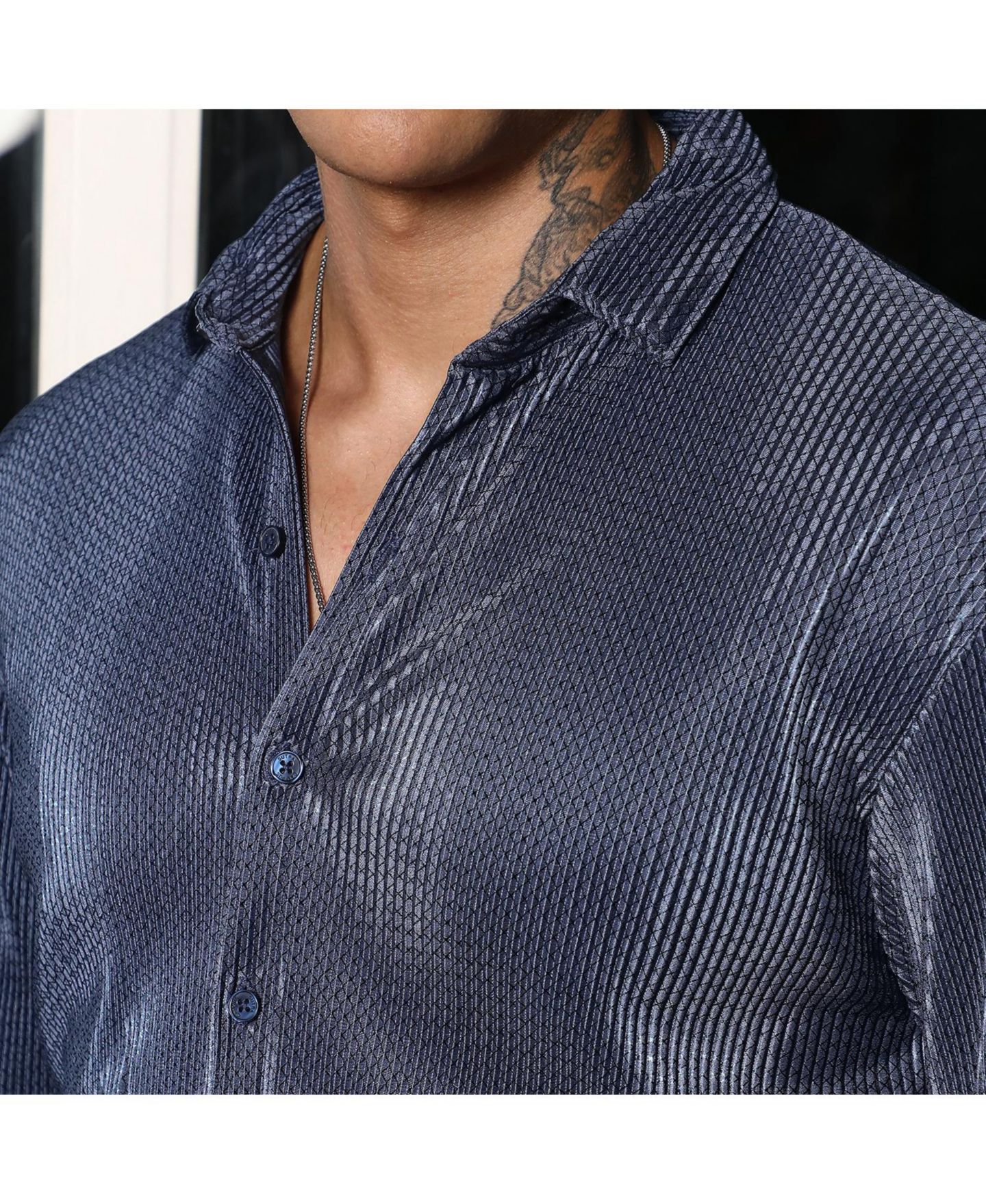 Мужская рубашка Campus Sutra Navy Blue Textured-Pleat, цвет: Синий — фото 7