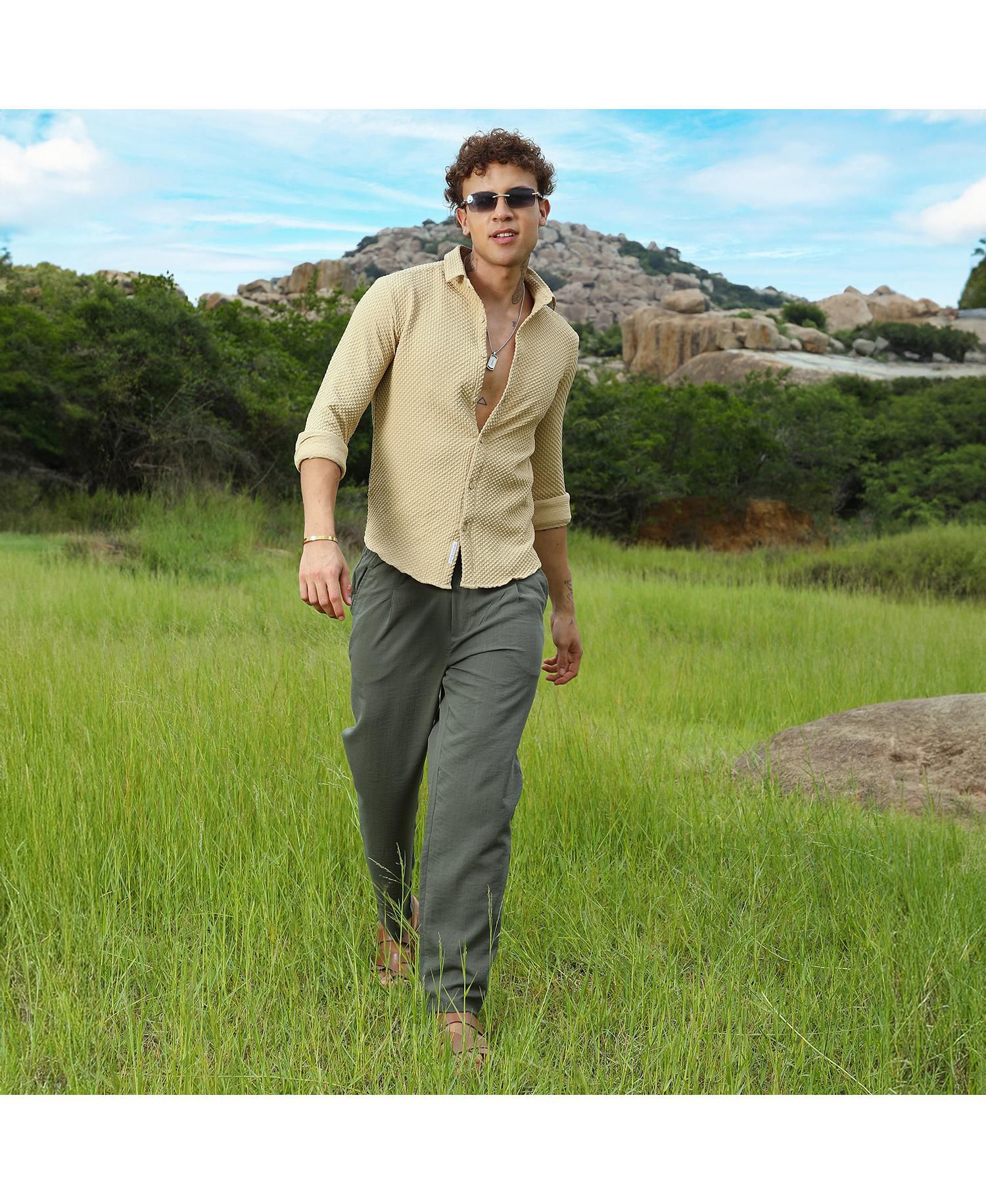 Men's Tan Brown Micro Cubic-Textured Shirt