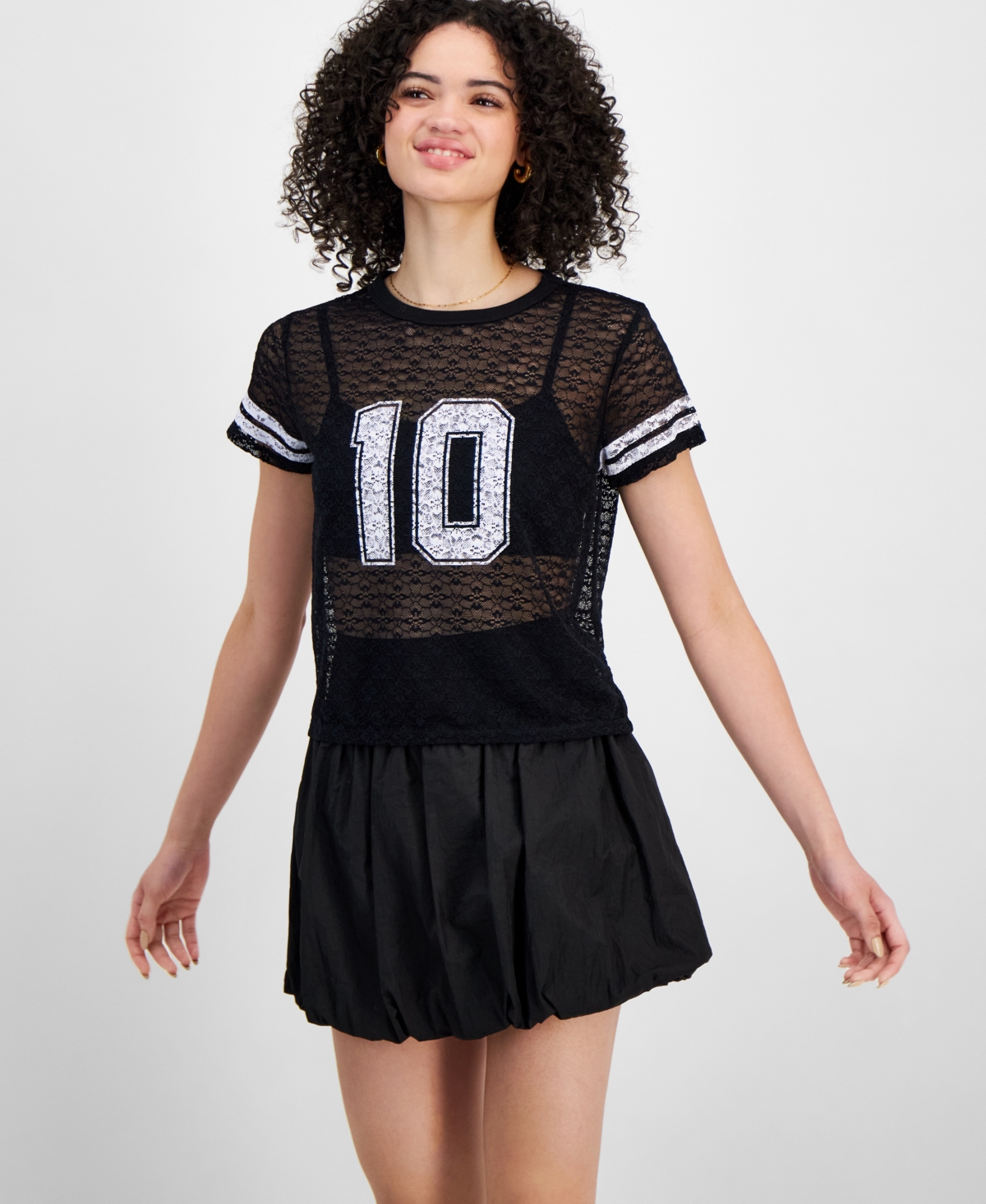 Juniors' Varsity Lace Short-Sleeve T-Shirt - Bright White