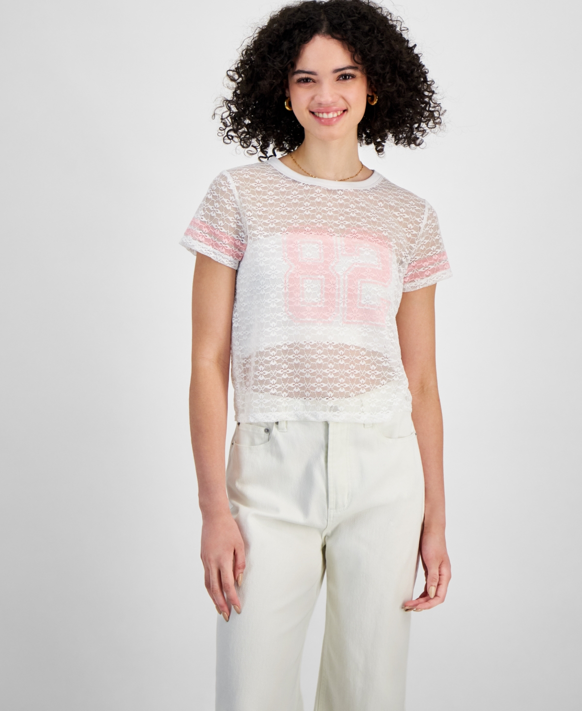 Juniors' Varsity Lace Short-Sleeve T-Shirt - Bright White