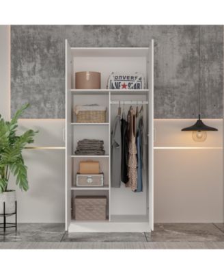 White 2-Doors Armoire Wardrobe with Hanging Rod and Storage Shelves