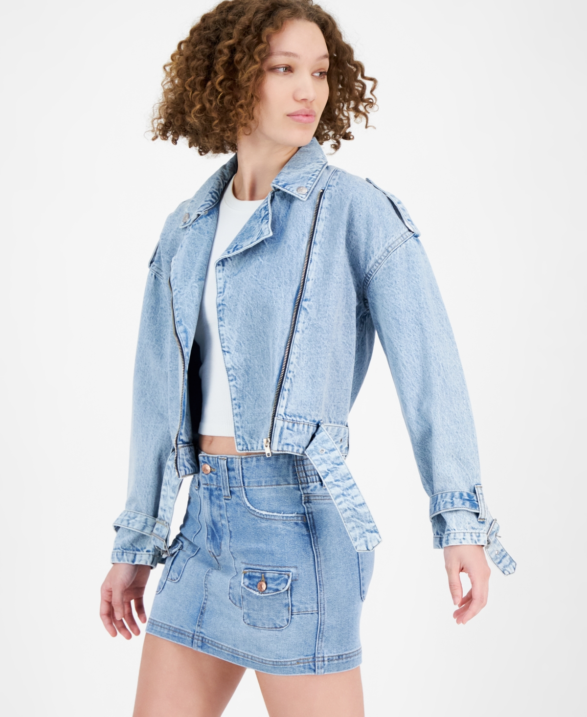 PLANET HEART JUNIORS' BELTED MOTO DENIM JACKET 