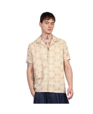 Men's Beige Embroidered Geometric-Lined Shirt