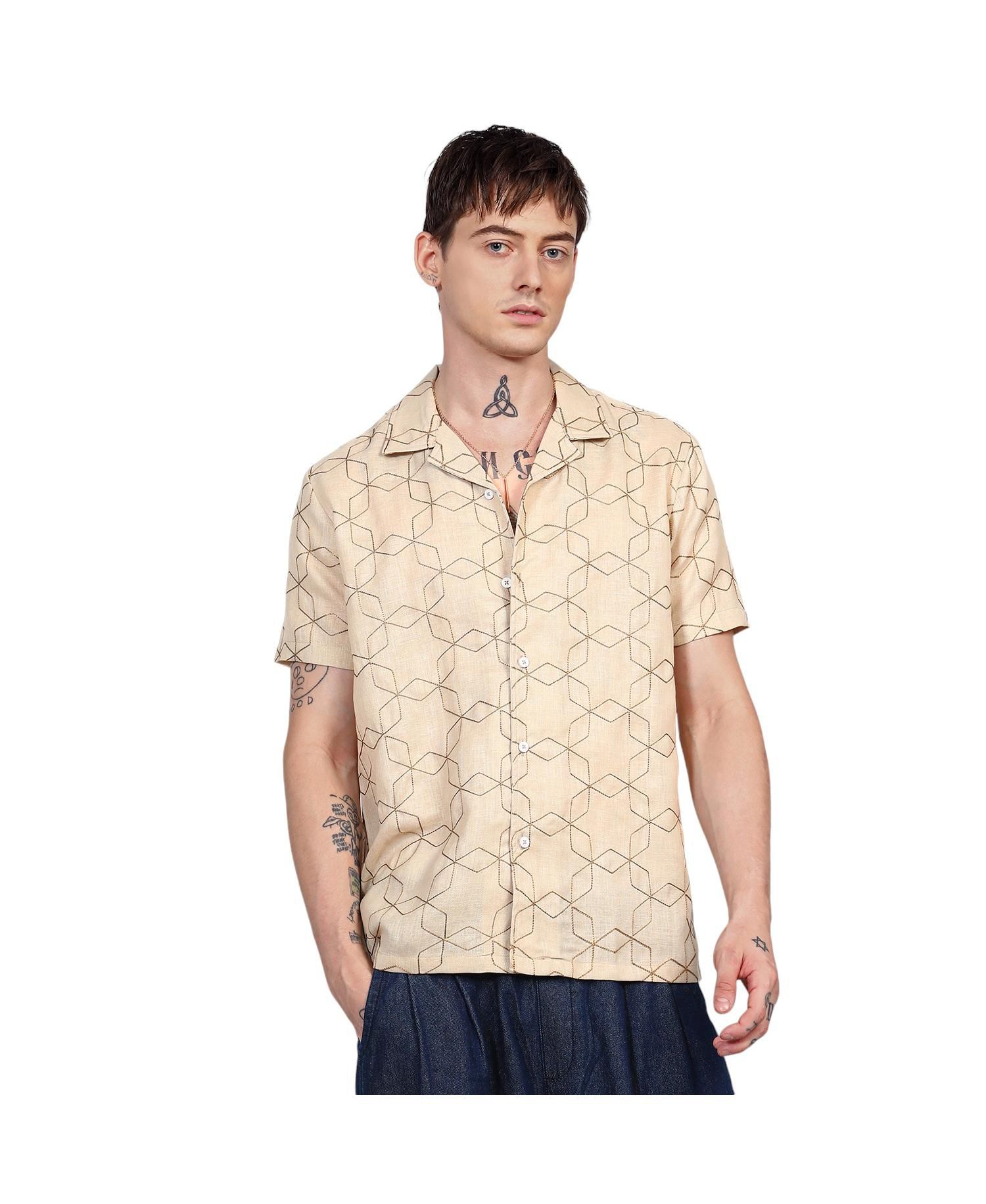 Men's Beige Embroidered Geometric-Lined Shirt