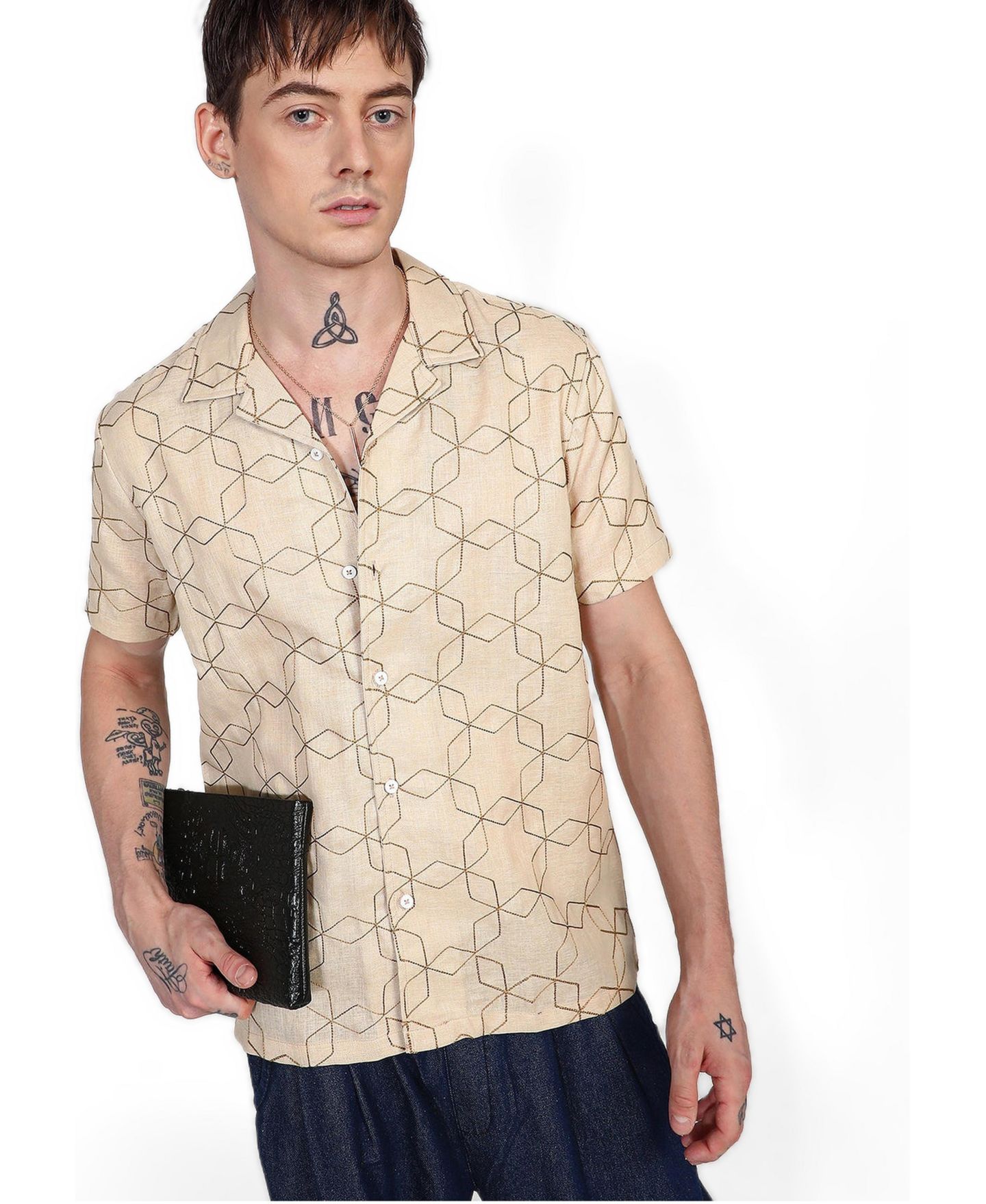 Мужская рубашка Cahoot Campus Sutra Beige Embroidered Geometric-Lined, цвет: Бежевый / Хаки — фото 4