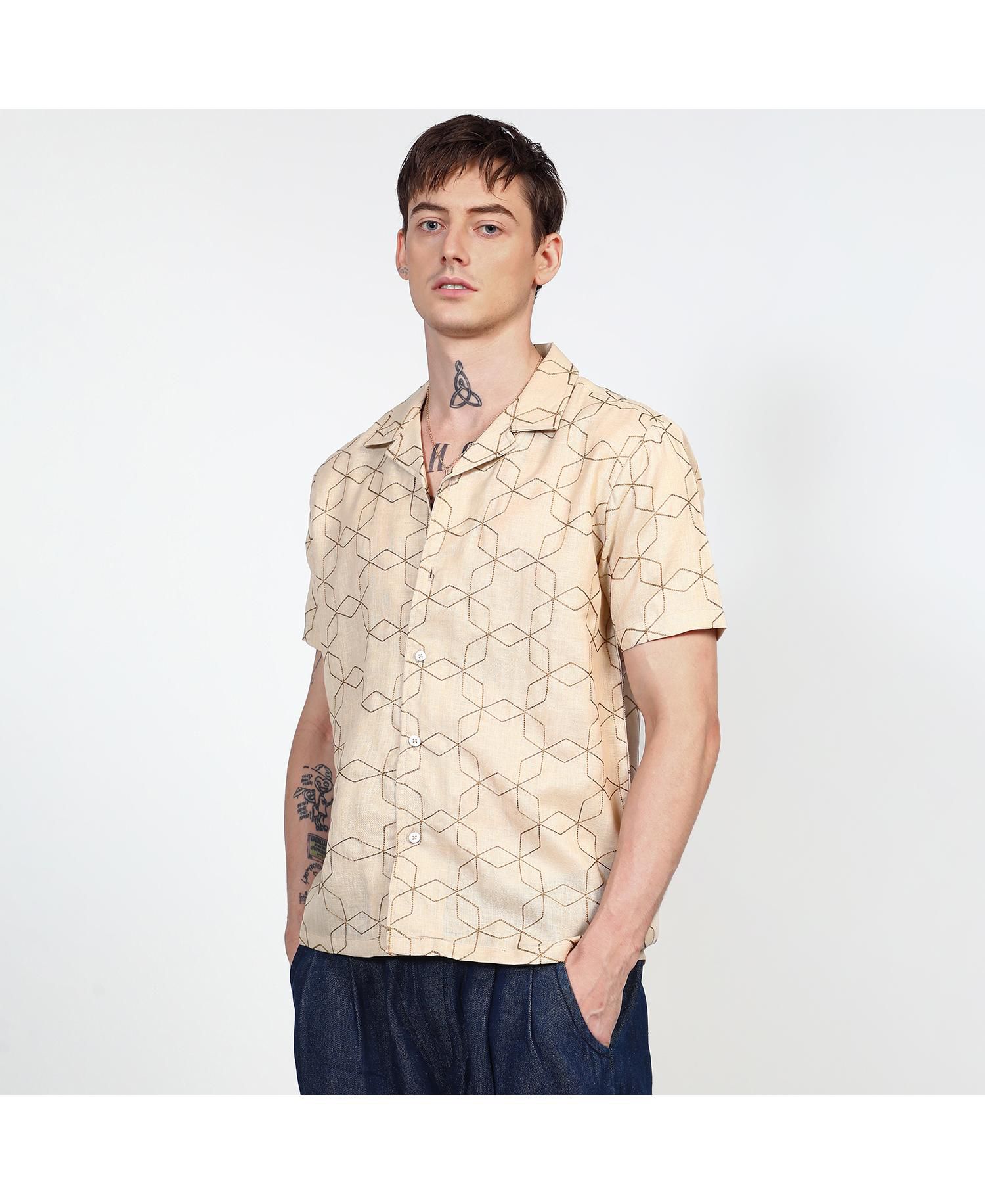 Men's Beige Embroidered Geometric-Lined Shirt