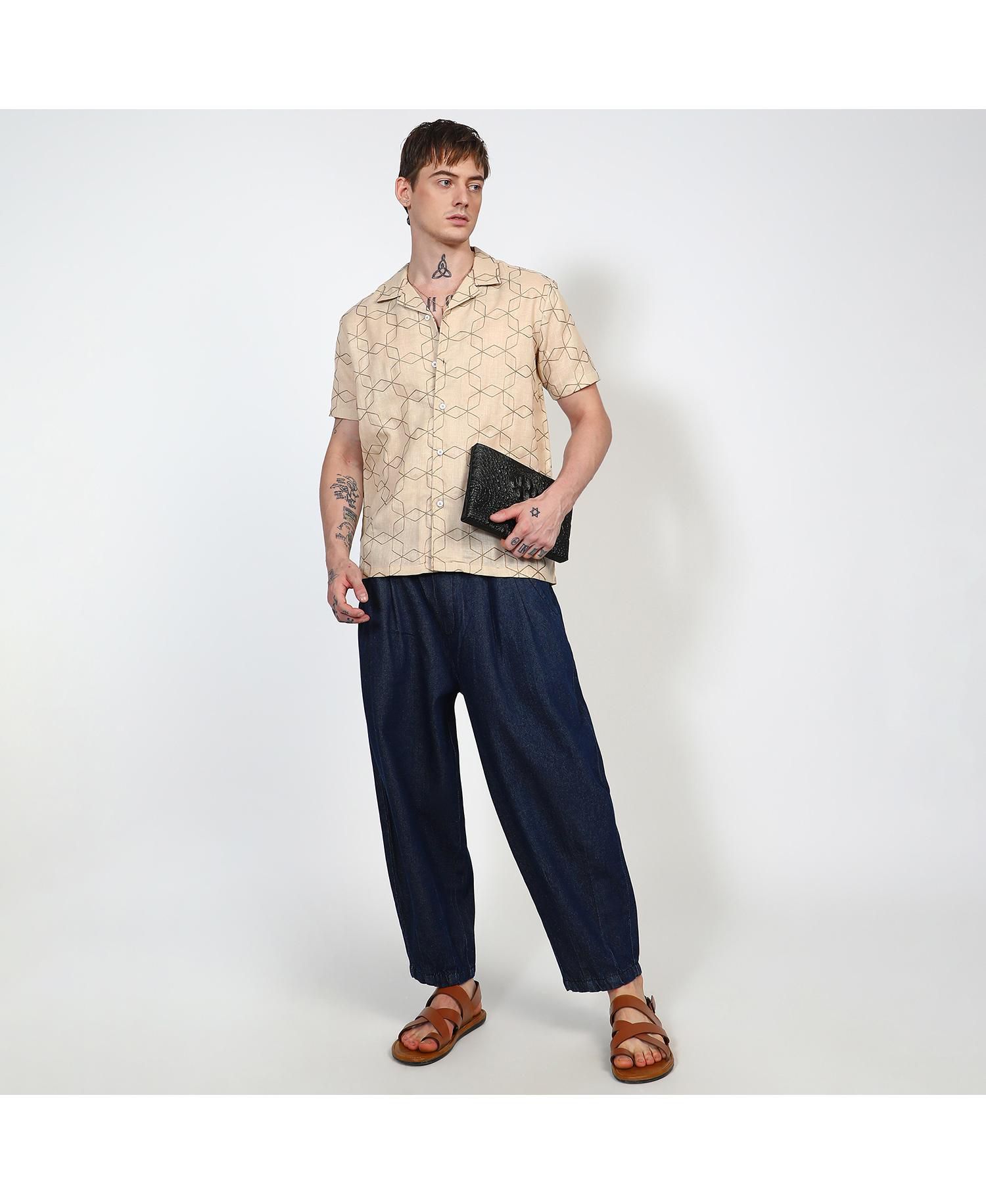 Men's Beige Embroidered Geometric-Lined Shirt
