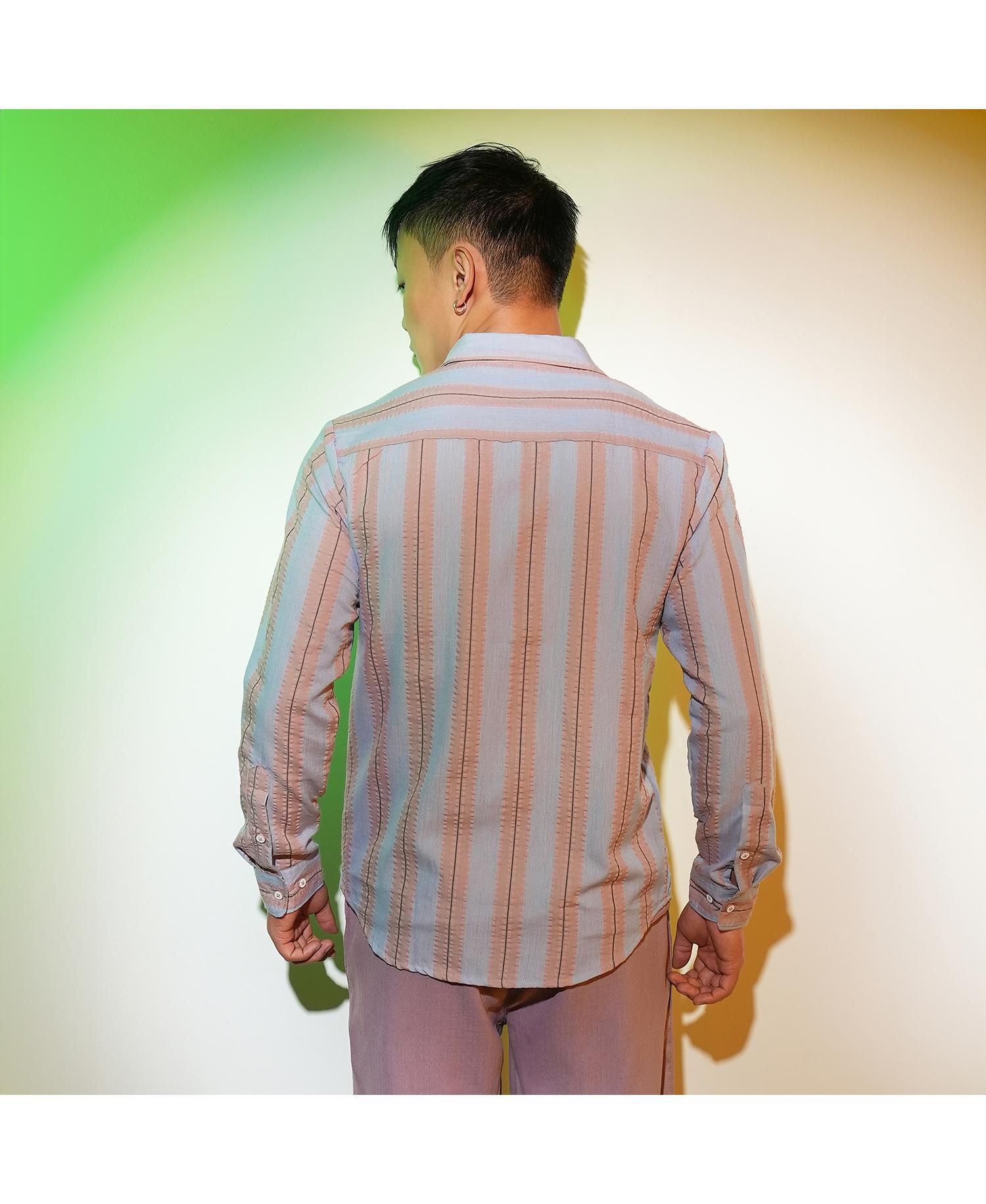 Men's Icy Blue & Nude Beige Striped Seersucker Shirt