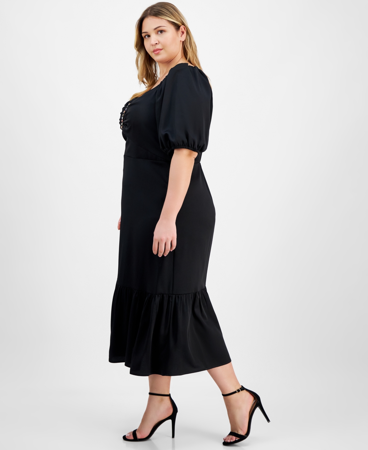 Anne Klein Plus Size Embellished Puff-Sleeve Dress
