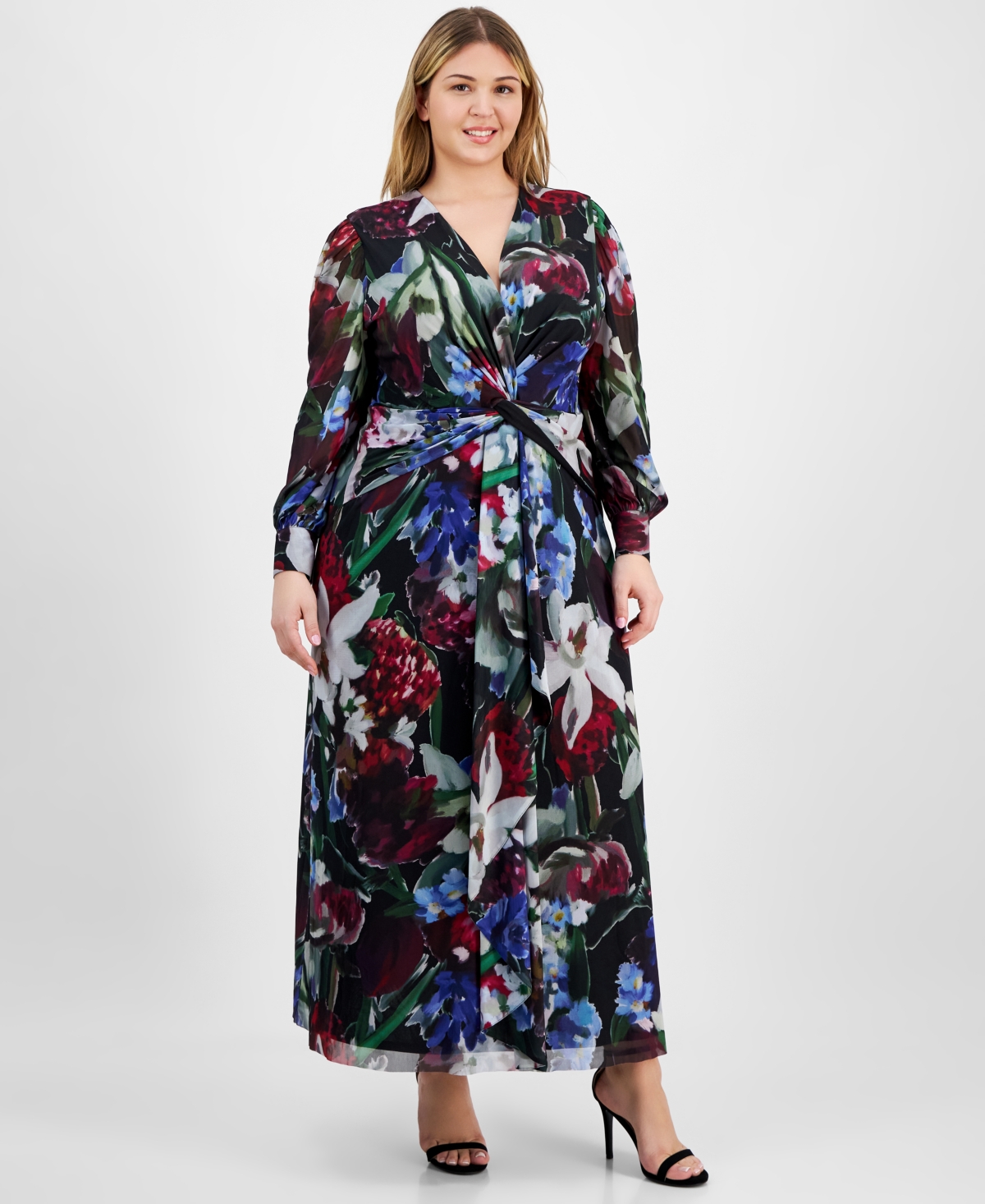 Anne Klein Plus Size Printed Twist-front Maxi Dress In Black Multi