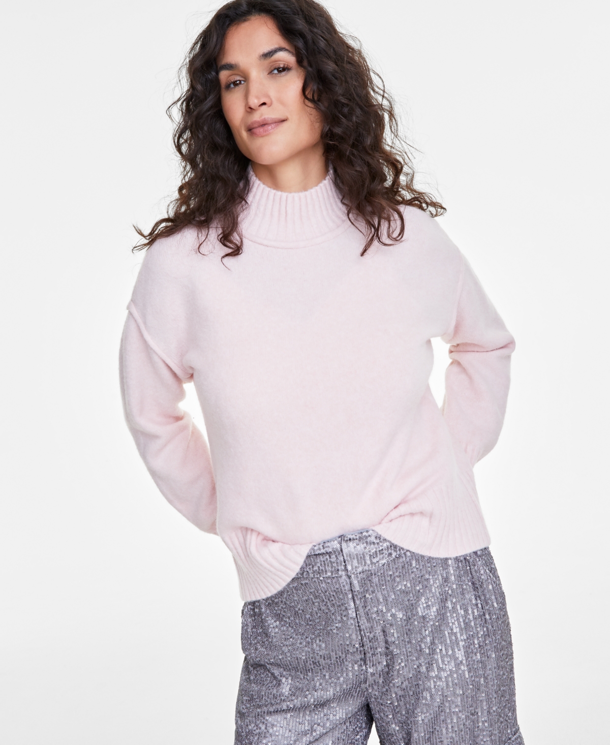 Women's Mock-Neck Jersey Roll-Trim Sweater, Exclusively at Macy's - Pink Dogwood