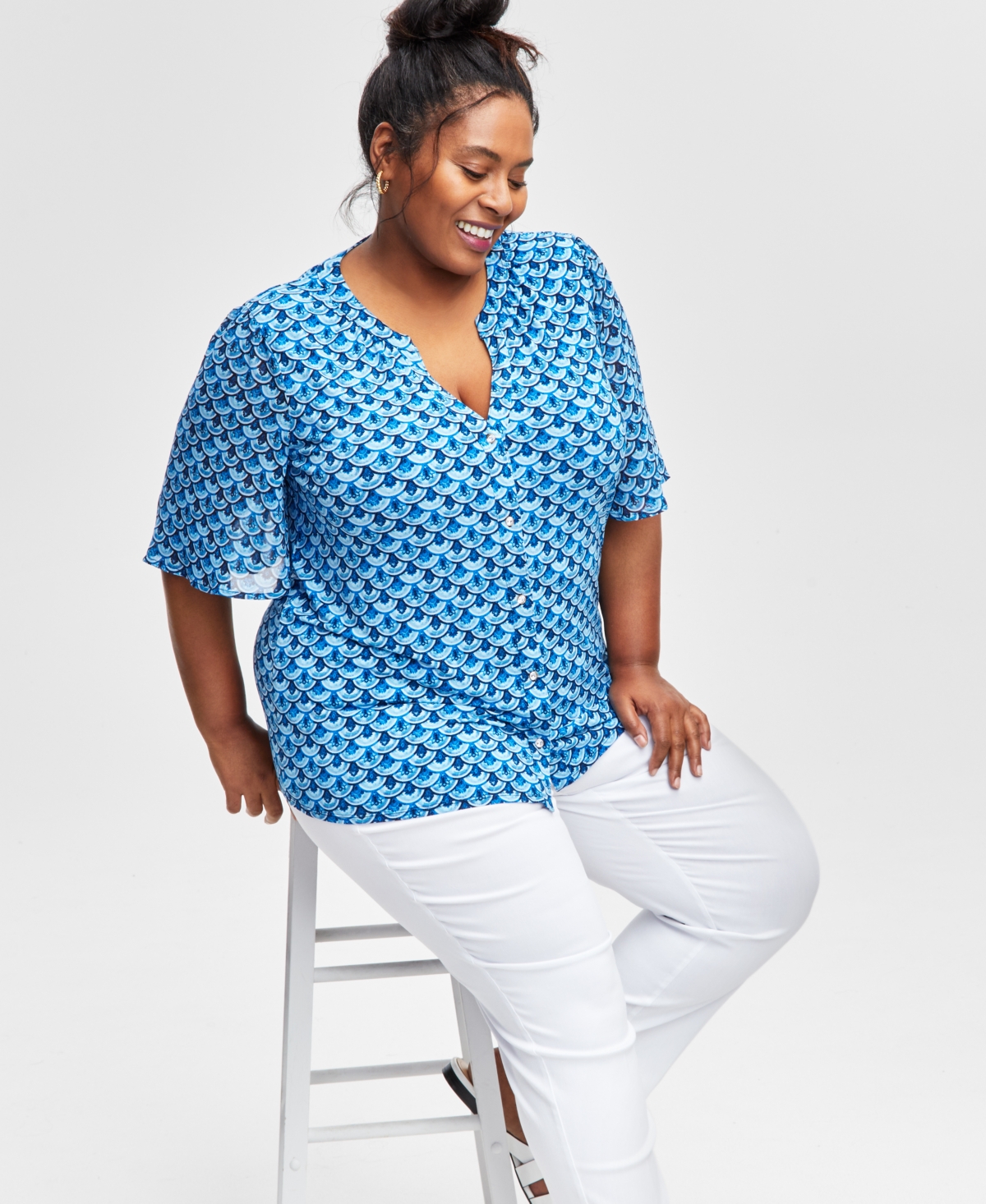 Jm Collection Plus Size Split-Neck Flutter-Sleeve Blouse, Exclusively at Macy's
