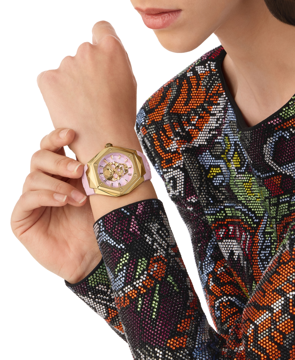 Philipp Plein Women's Skull Spikes Pink Silicone Strap Watch 40mm In Gold