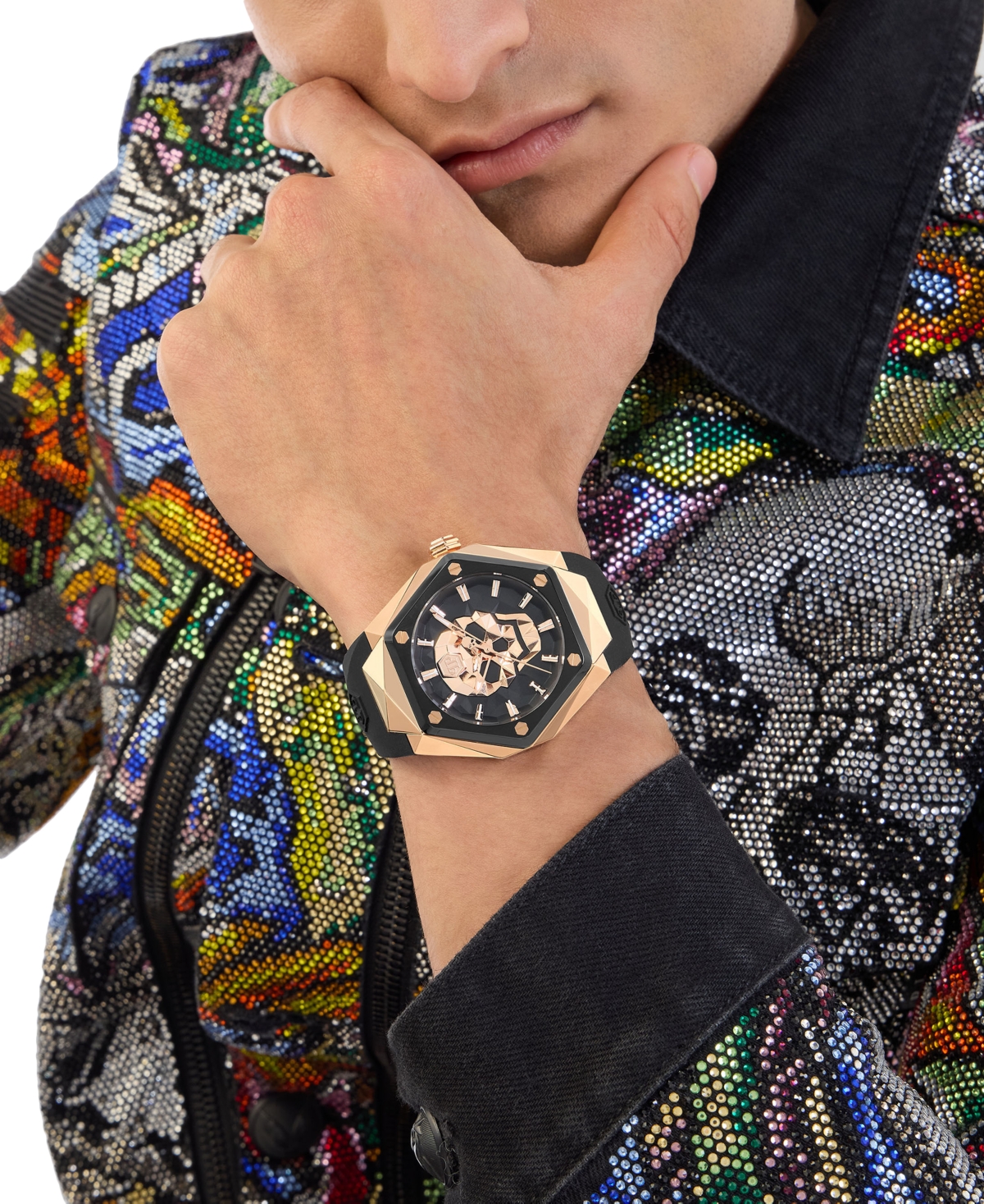 Shop Philipp Plein Men's The Skull Spikes Black Silicone Strap Watch 45mm In Two Tone