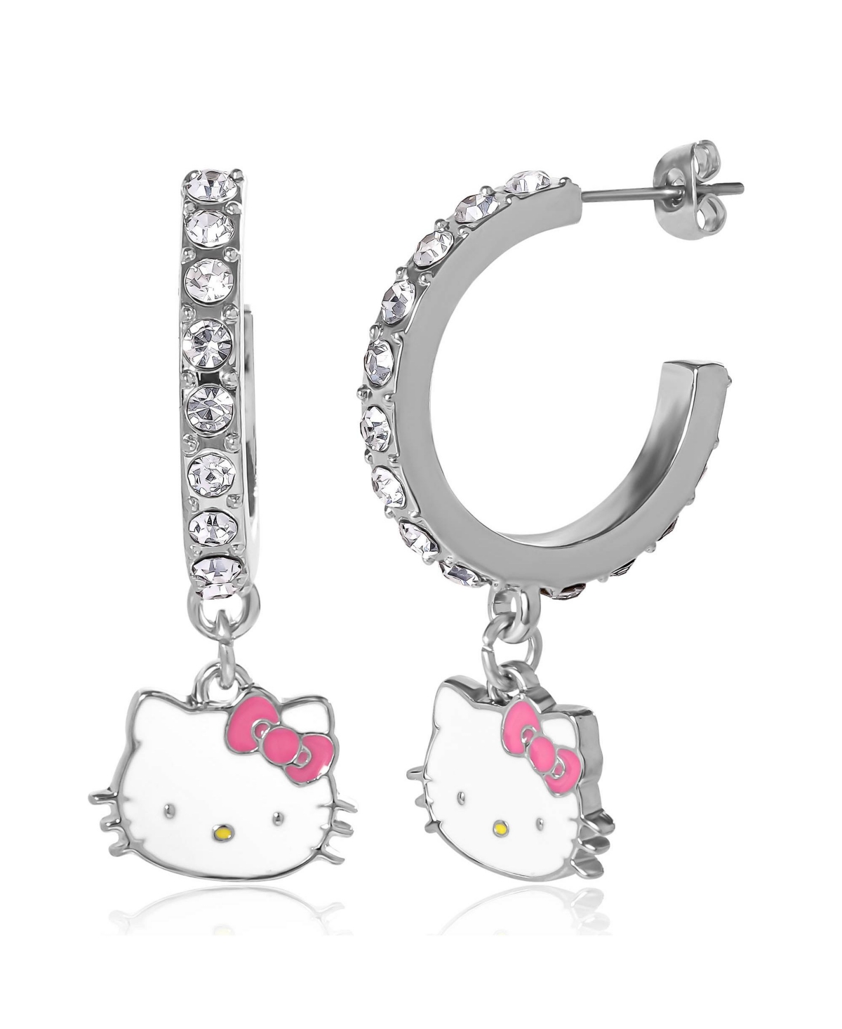 Sanrio Fashion Charm Hoop Earrings - Silver tone, white, pink