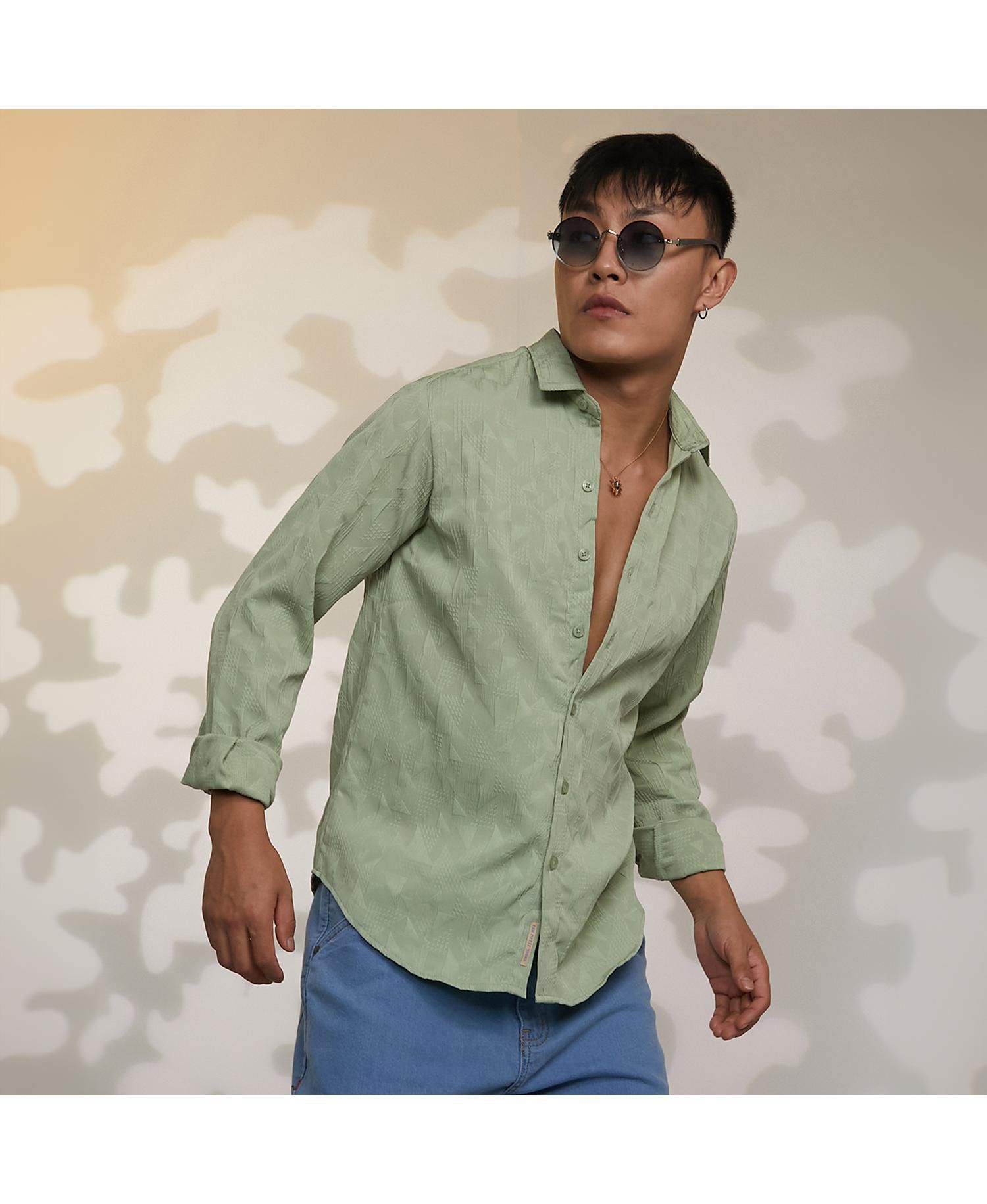 Men's Sage Green Geometric-Texture Shirt