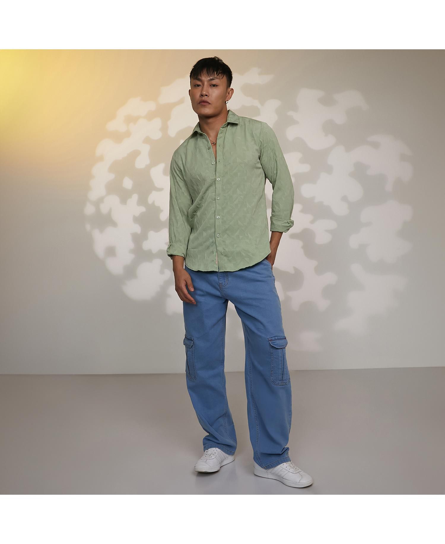 Men's Sage Green Geometric-Texture Shirt