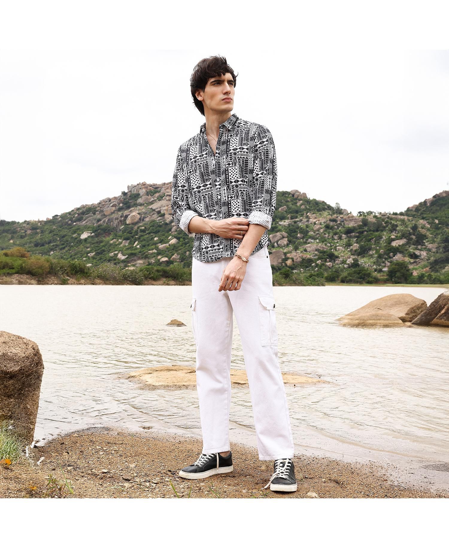 Men's Off-White & Midnight Black Abstract Geometric Shirt