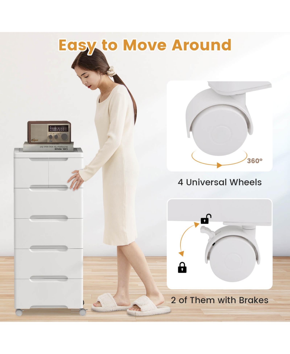 Costway Pcs 6-Drawer Plastic Rolling Storage Cart with 4 Universal Wheels Dresser Cabinet