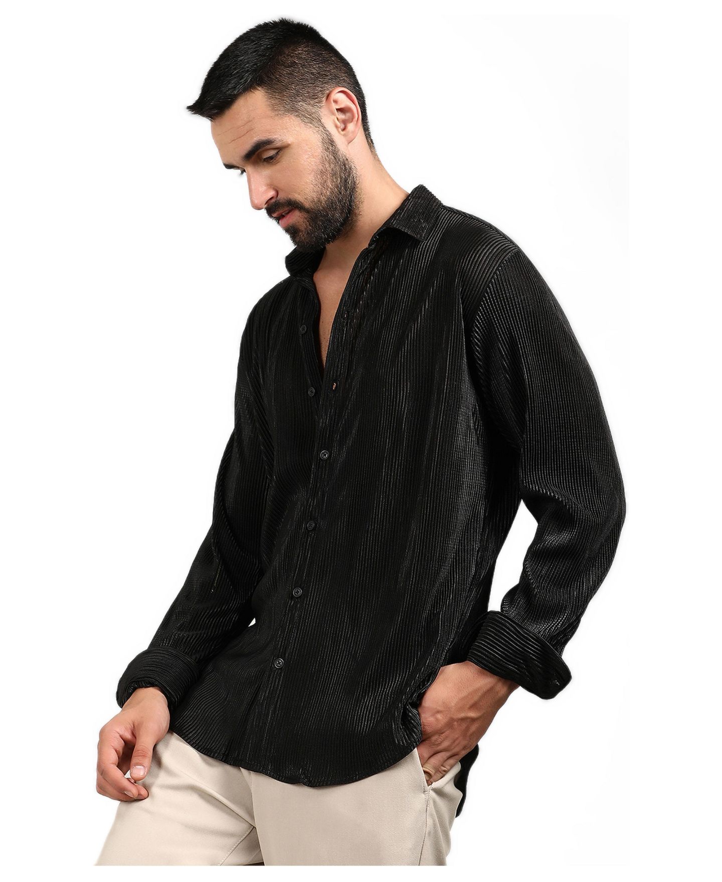 Мужская рубашка Campus Sutra Midnight Black Pleat-Creased, цвет: Чёрный — фото 4