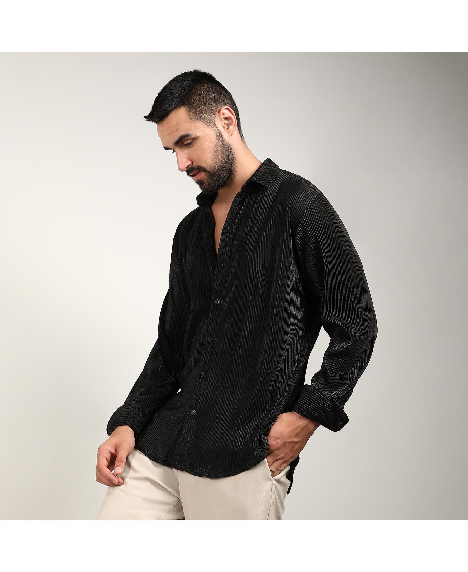 Men's Midnight Black Pleat-Creased Shirt