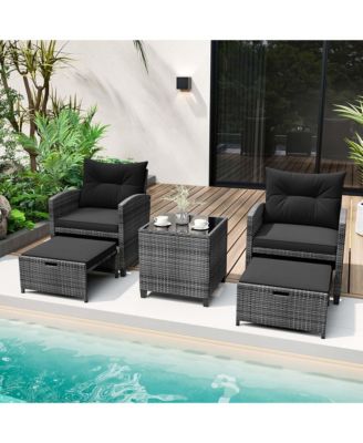5 Piece Patio Rattan Furniture with 2 Ottomans & Coffee Table
