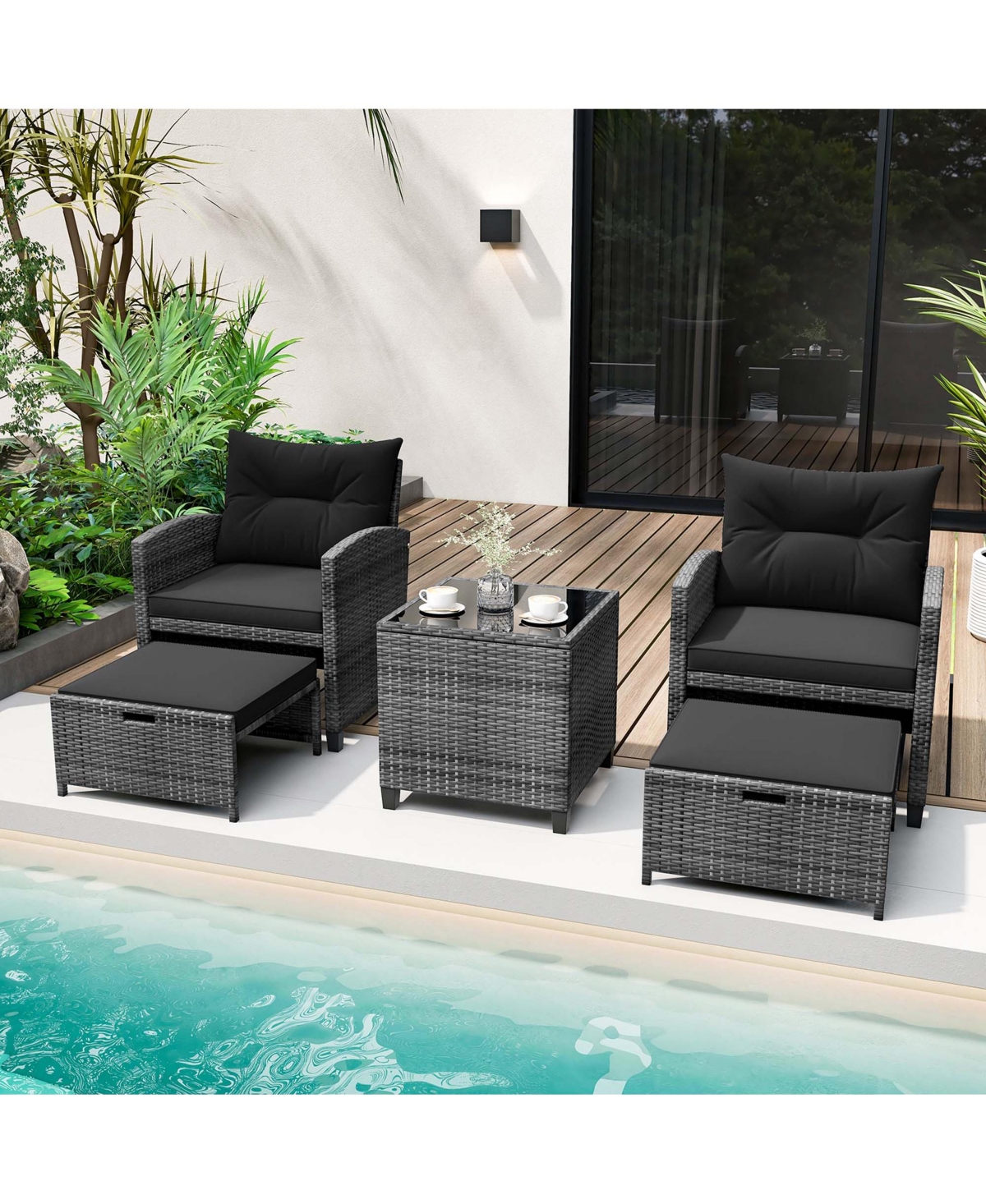 5 Piece Patio Rattan Furniture with 2 Ottomans & Tempered Glass Coffee Table