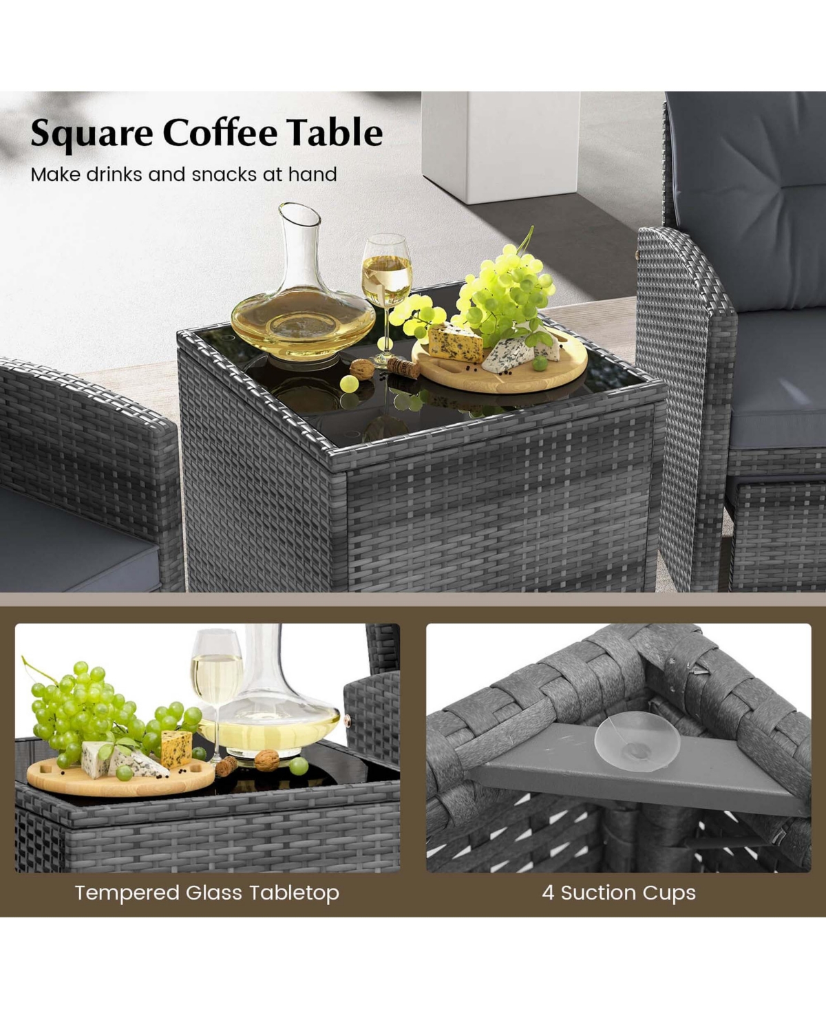 5 Piece Patio Rattan Furniture with 2 Ottomans & Tempered Glass Coffee Table