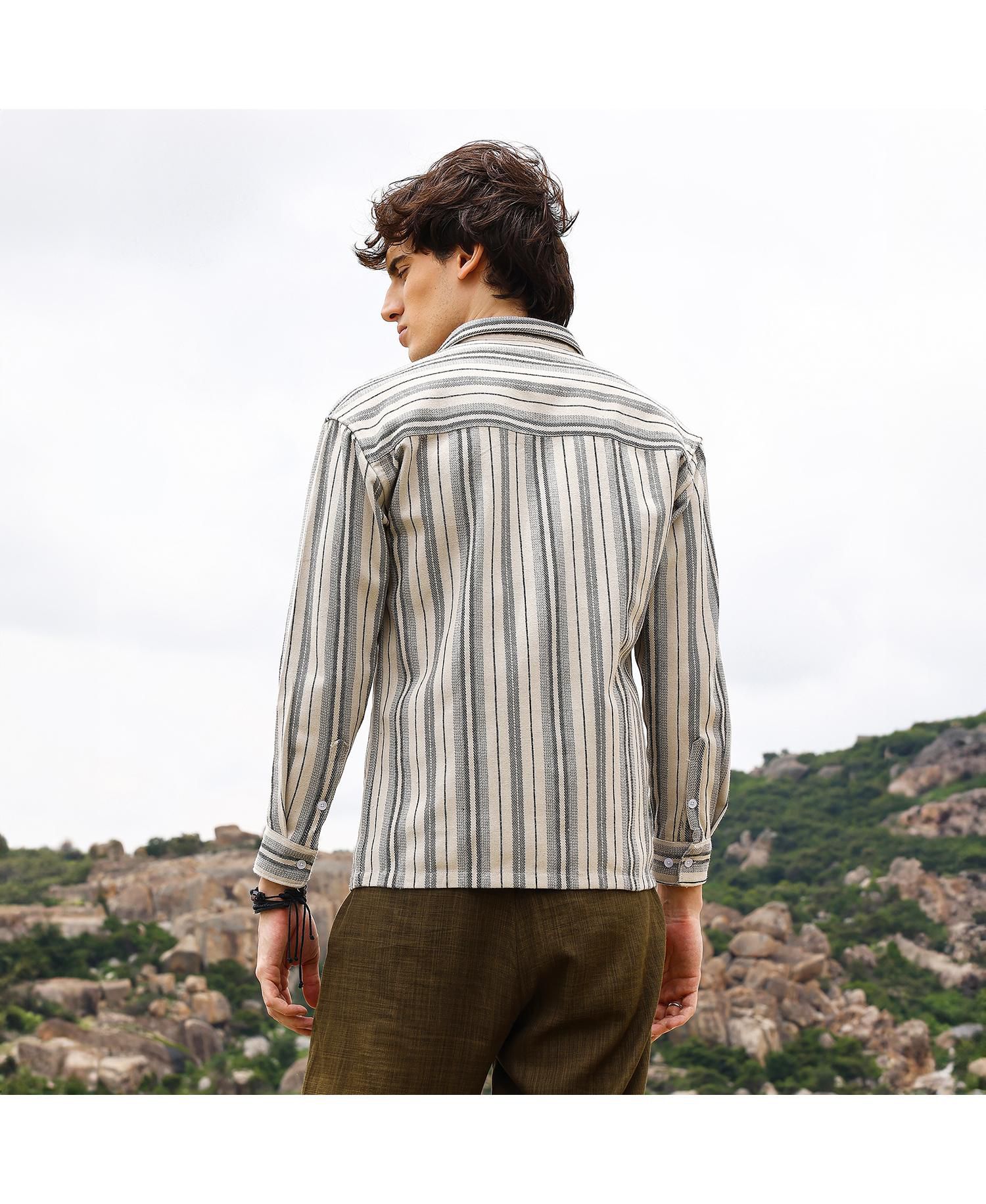 Men's Bone Beige & Cloud Grey Multitrack Striped Oversized Shirt