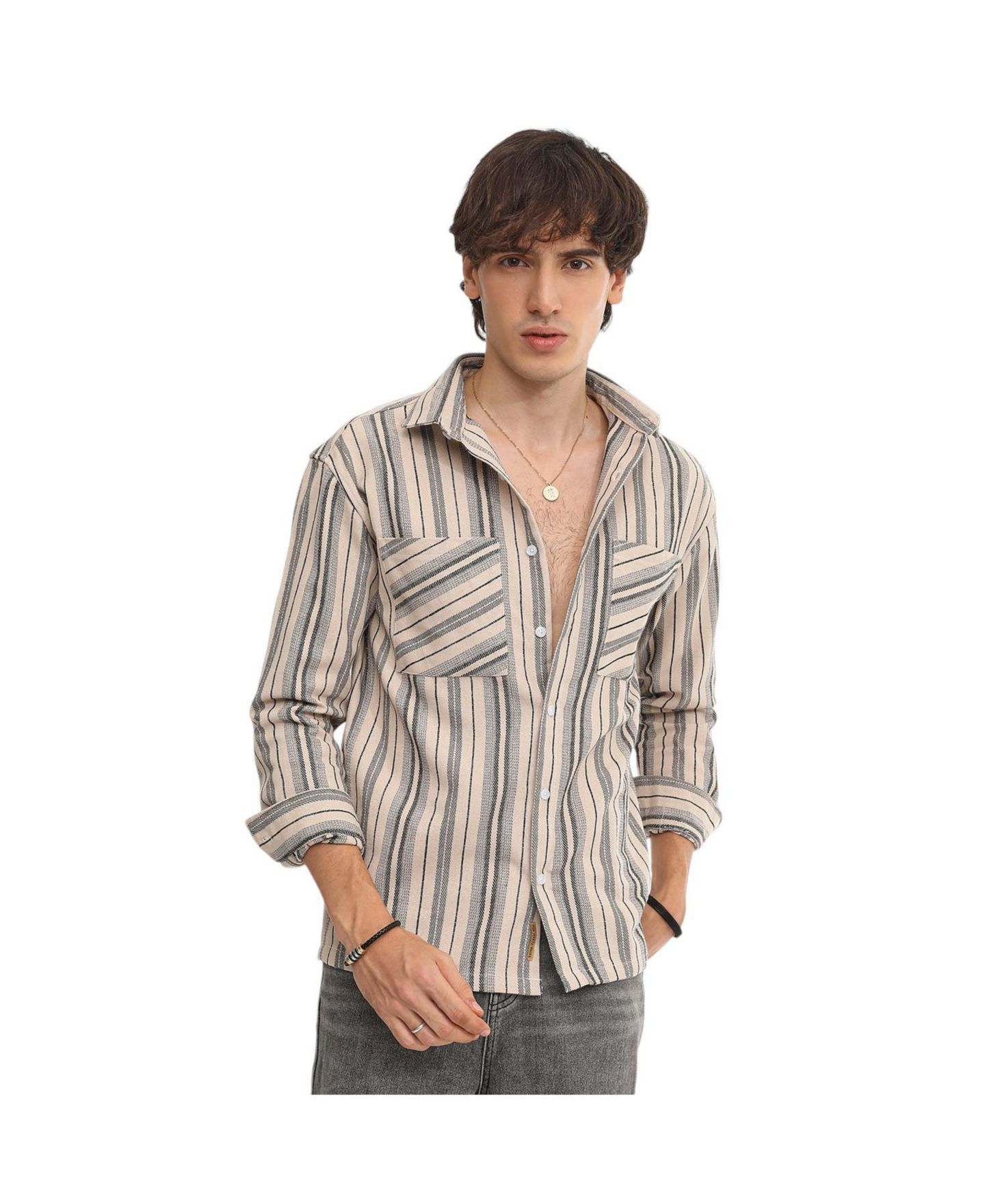 Мужская рубашка Cahoot Campus Sutra Bone Beige & Cloud Grey Multitrack Striped Oversized, цвет: Бежевый / Хаки — фото 1