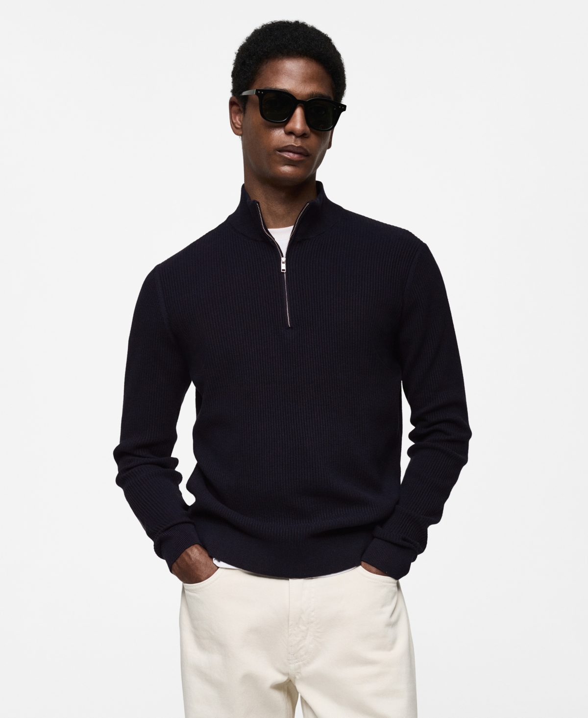 Mango Perkins Half Zip Sweater In Dark Navy