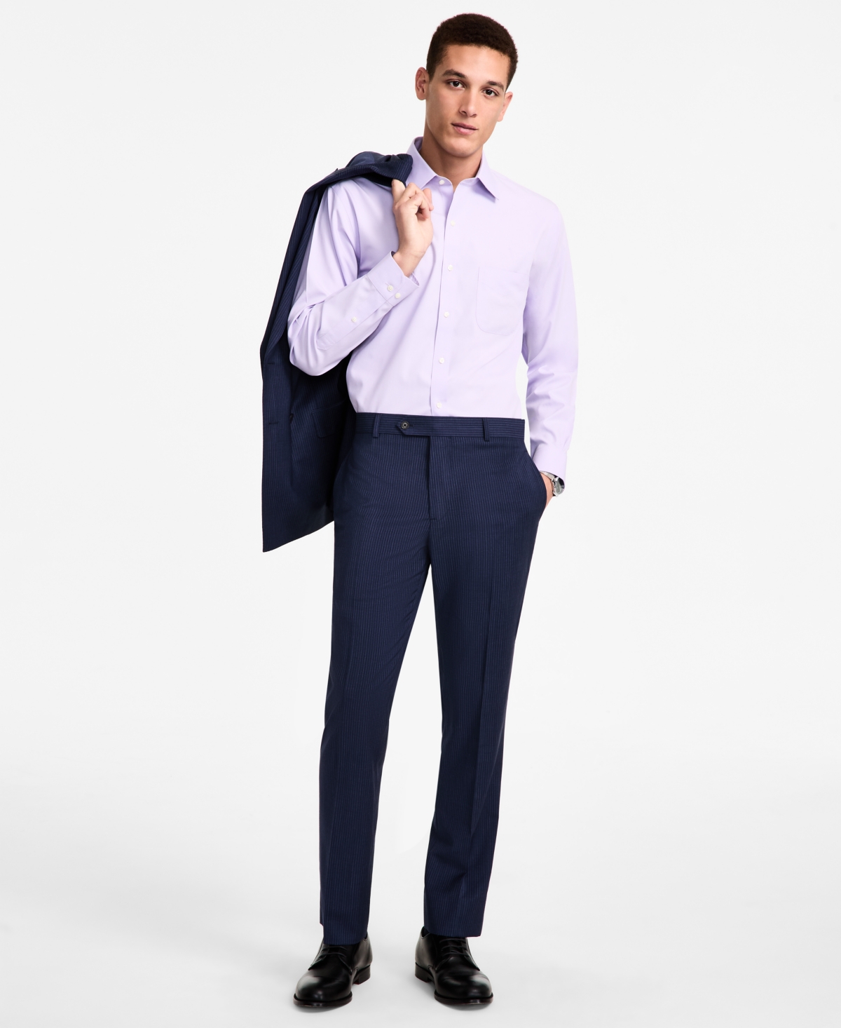 B by Brooks Brothers Men's Pinstriped Wool-Blend Stretch Classic-Fit Suit Separates Pant - Navy