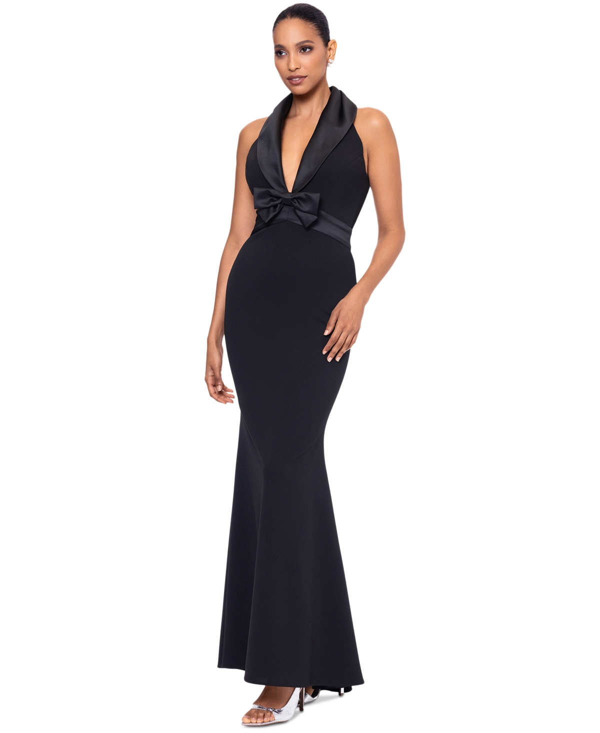 Betsy & Adam Women's Bow-trim Shawl-collar Gown In Black