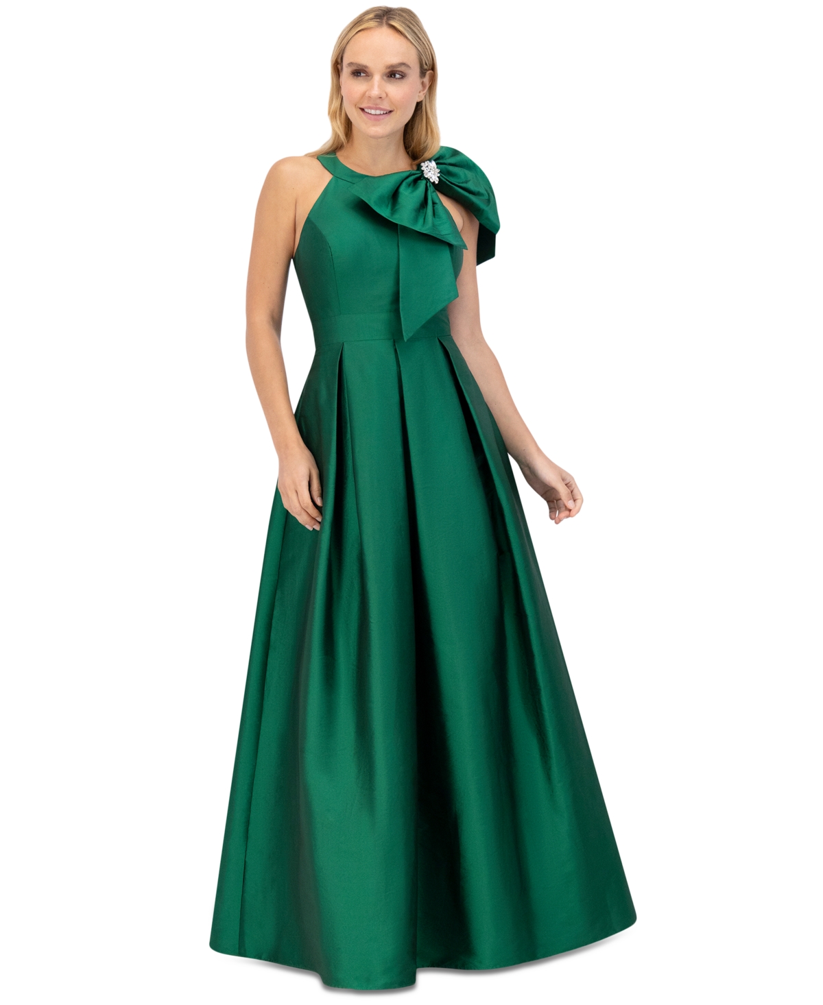 ELIZA J PETITE BOW-TRIM HALTER BALL GOWN 