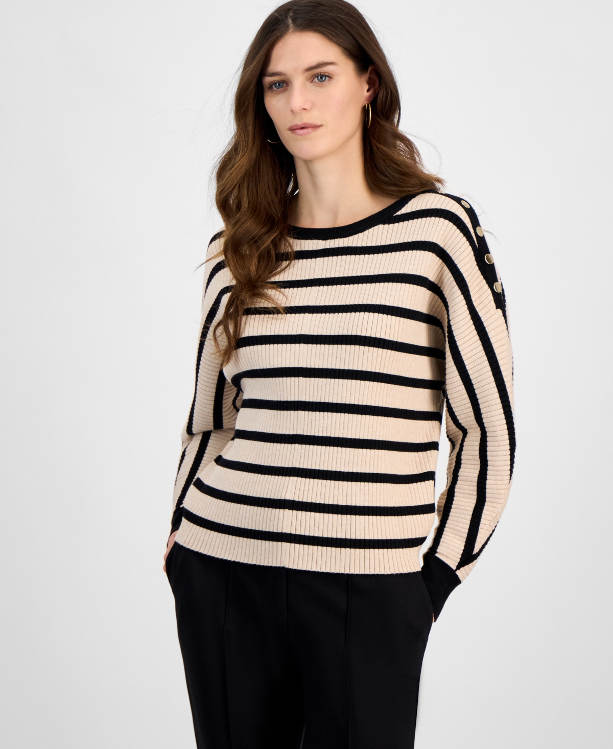 T Tahari Women's Striped Dolman Button-sleeve Sweater In Black,soft Tan