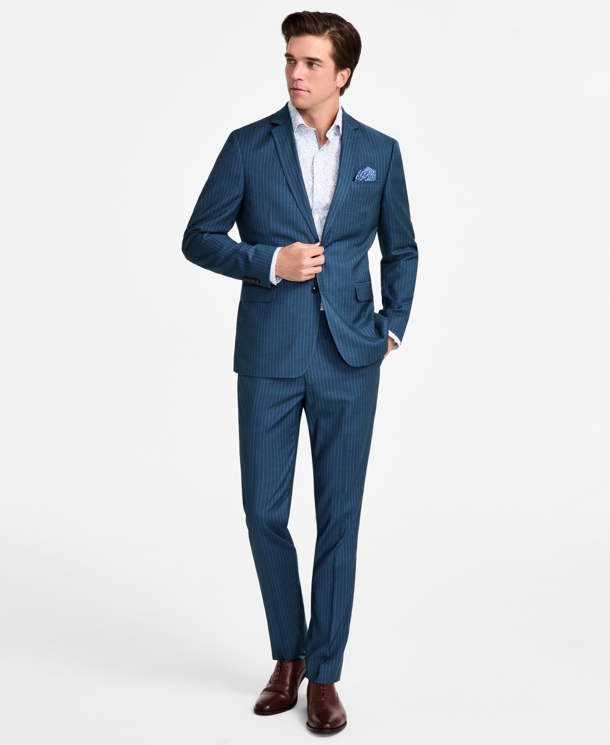 Nick Graham Men's Slim-fit Stretch Suit In Teal Stripe